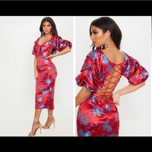 PrettyLittleThing Red & Blue Satin Floral Lace-Up Back Midi Dress